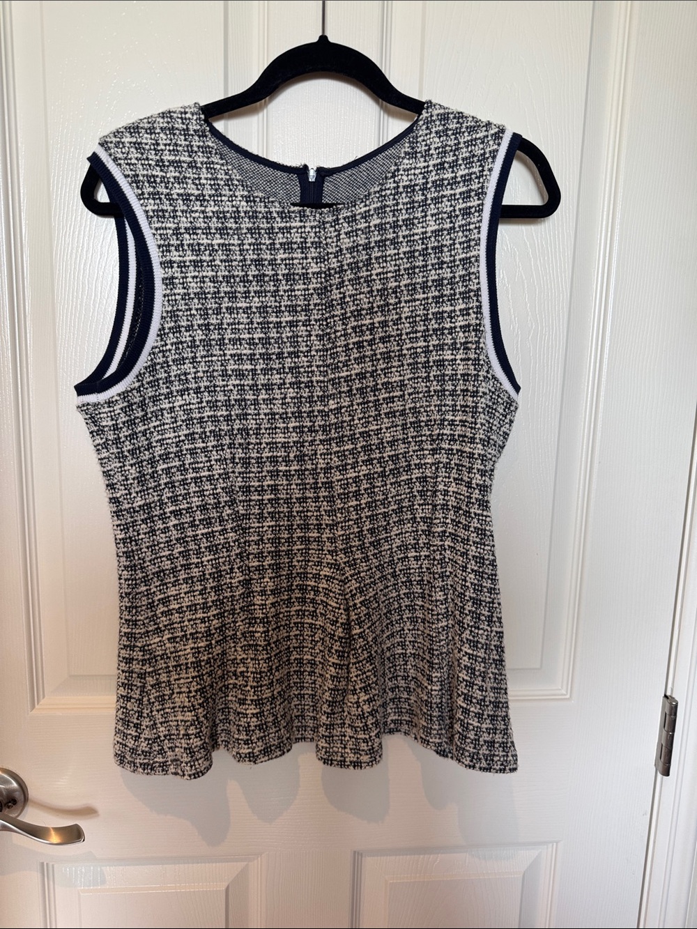 Sleeveless Tweed Peplum Top - Navy & White medium